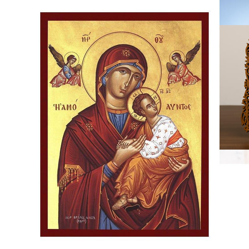 Εικόνα Ορθοδοξίας Δαντέλα μαζι με  Βάση σε  8 χρώματα με περίγραμμα χρυσό σε ξύλο Plywood (Πλακάζ)   με  βάση Εικόνα της Άμωμης Παναγίας, Χειροποίητη Ελληνική εικόνα της Αμόλυντης Παναγίας, επιτοίχια πλάκα βυζαντινής τέχνης, χριστιανικό δώρο Διάσταση 40x3