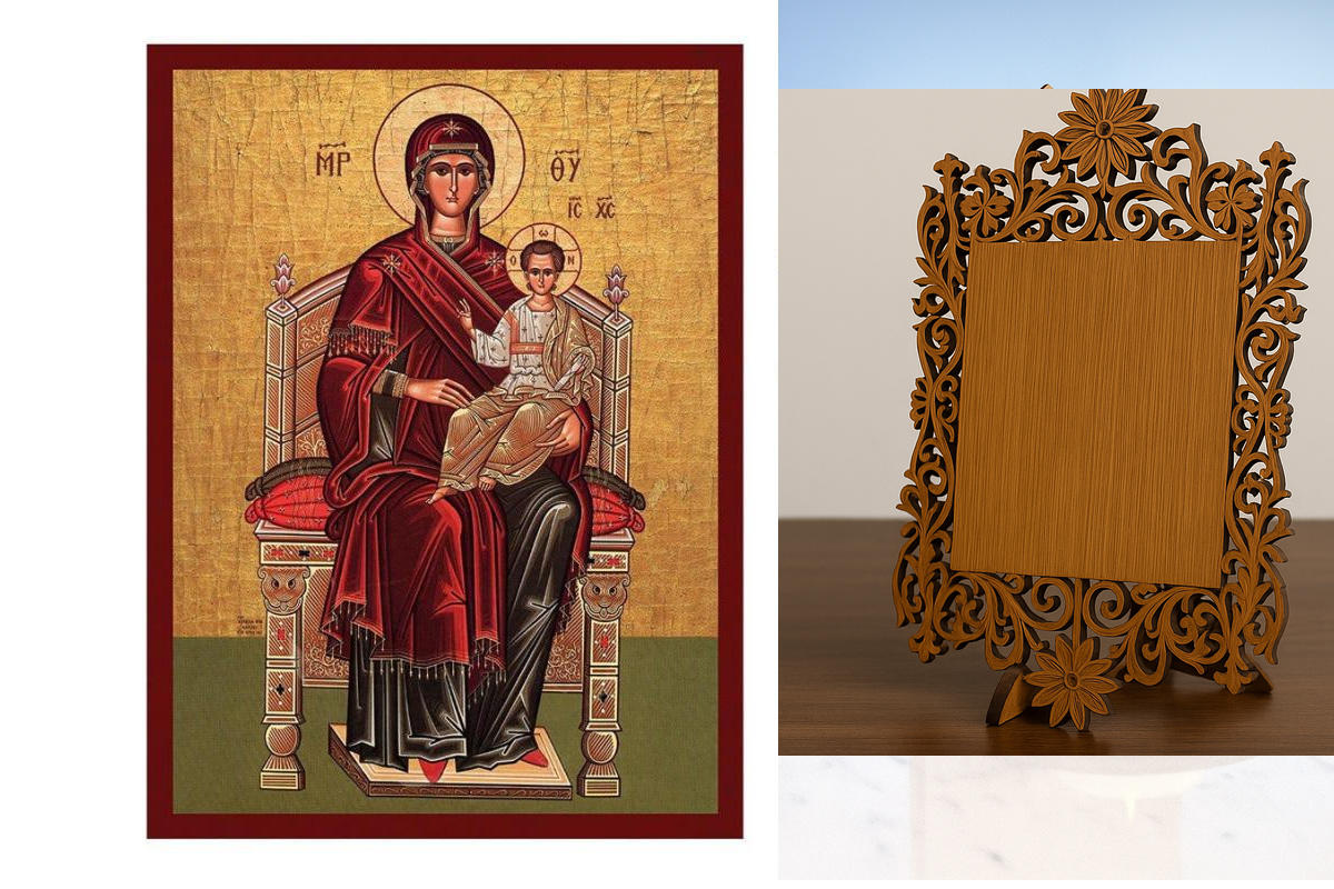Εικόνα Ορθοδοξίας Δαντέλα μαζι με  Βάση σε  8 χρώματα με περίγραμμα χρυσό σε ξύλο Plywood (Πλακάζ)   με  βάση Παναγία Ένθρονη εικόνα της Παναγίας, Χειροποίητη ελληνική εικόνα της Παναγίας Ένθρονος, επιτοίχια βυζαντινή τέχνη, χριστιανικό δώρο Διάσταση 45x3