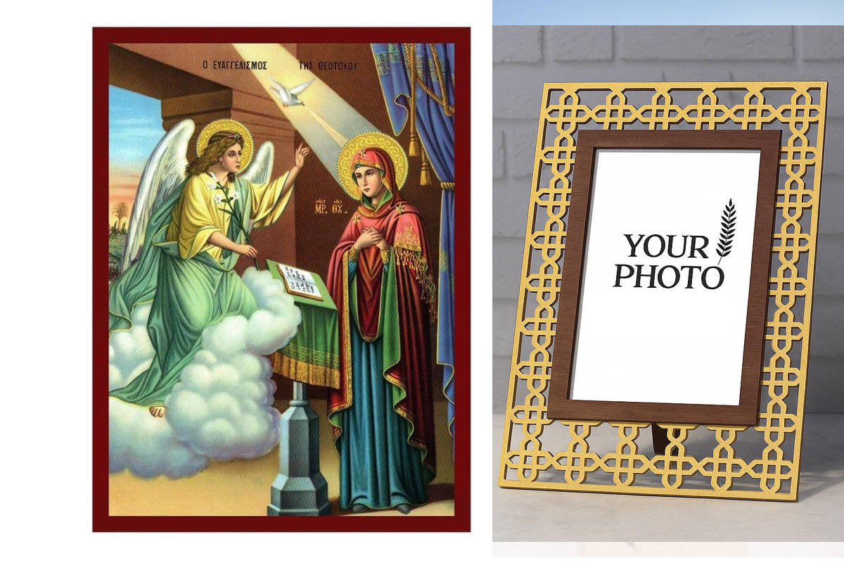 Εικόνα Ορθοδοξίας Πολυτελείας  με  σχεδιο Σταυρούς μαζι με  Βάση σε  8 χρώματα με περίγραμμα χρυσό σε ξύλο Plywood (Πλακάζ)   με  βάση Ο Ευαγγελισμός της Θεοτόκου, Χειροποίητη Ελληνική εικόνα Ευαγγελισμού Της Θεοτόκου, Κρεμαστή πλάκα βυζαντινής τέχνης, χρ