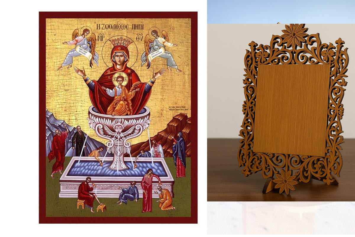 Εικόνα Ορθοδοξίας Δαντέλα μαζι με  Βάση σε  8 χρώματα με περίγραμμα χρυσό σε ξύλο Plywood (Πλακάζ)   με  βάση Εικόνα της Ζωοδόχου Πηγής, Χειροποίητη Ελληνική εικόνα της Παναγίας της Ζωοδόχου Πηγής, επιτοίχια πλάκα βυζαντινής τέχνης, χριστιανικό δώρο Διάστ