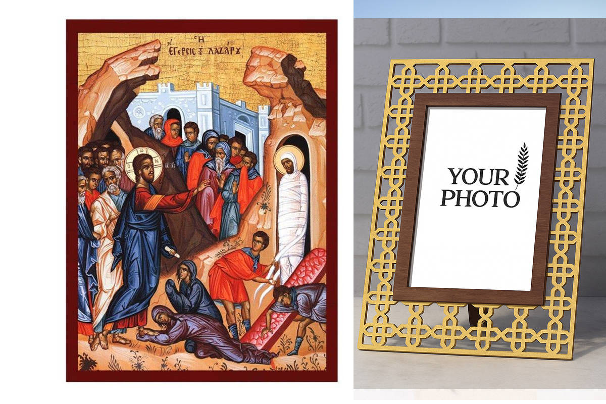 Εικόνα Ορθοδοξίας Πολυτελείας  με  σχεδιο Σταυρούς μαζι με  Βάση σε  8 χρώματα με περίγραμμα χρυσό σε ξύλο Plywood (Πλακάζ)   με  βάση Το ύψωμα της εικόνας του Λαζάρου, Χειροποίητη ελληνική εικόνα της Εγέρσης του Λαζάρου, επιτοίχια πλάκα βυζαντινής τέχνης