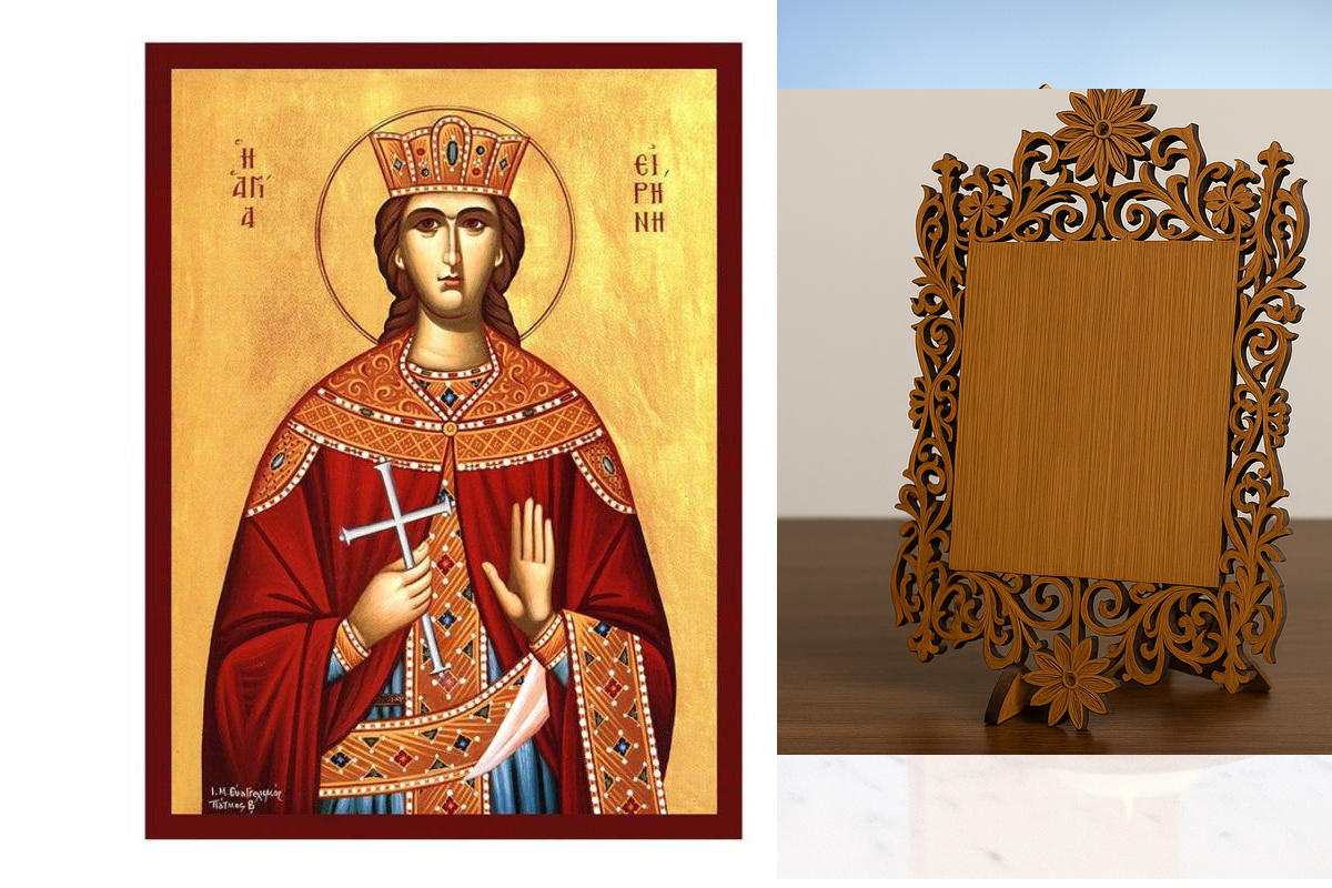 Εικόνα Ορθοδοξίας Δαντέλα μαζι με  Βάση σε  8 χρώματα με περίγραμμα χρυσό σε ξύλο Plywood (Πλακάζ)   με  βάση Εικόνα Αγίας Ειρήνης η Μάρτυρας, Χειροποίητη Ελληνική εικόνα Αγίας Ειρήνης της Μάρτυρος, επιτοίχια πλάκα βυζαντινής τέχνης, χριστιανικό δώρο Διάσ