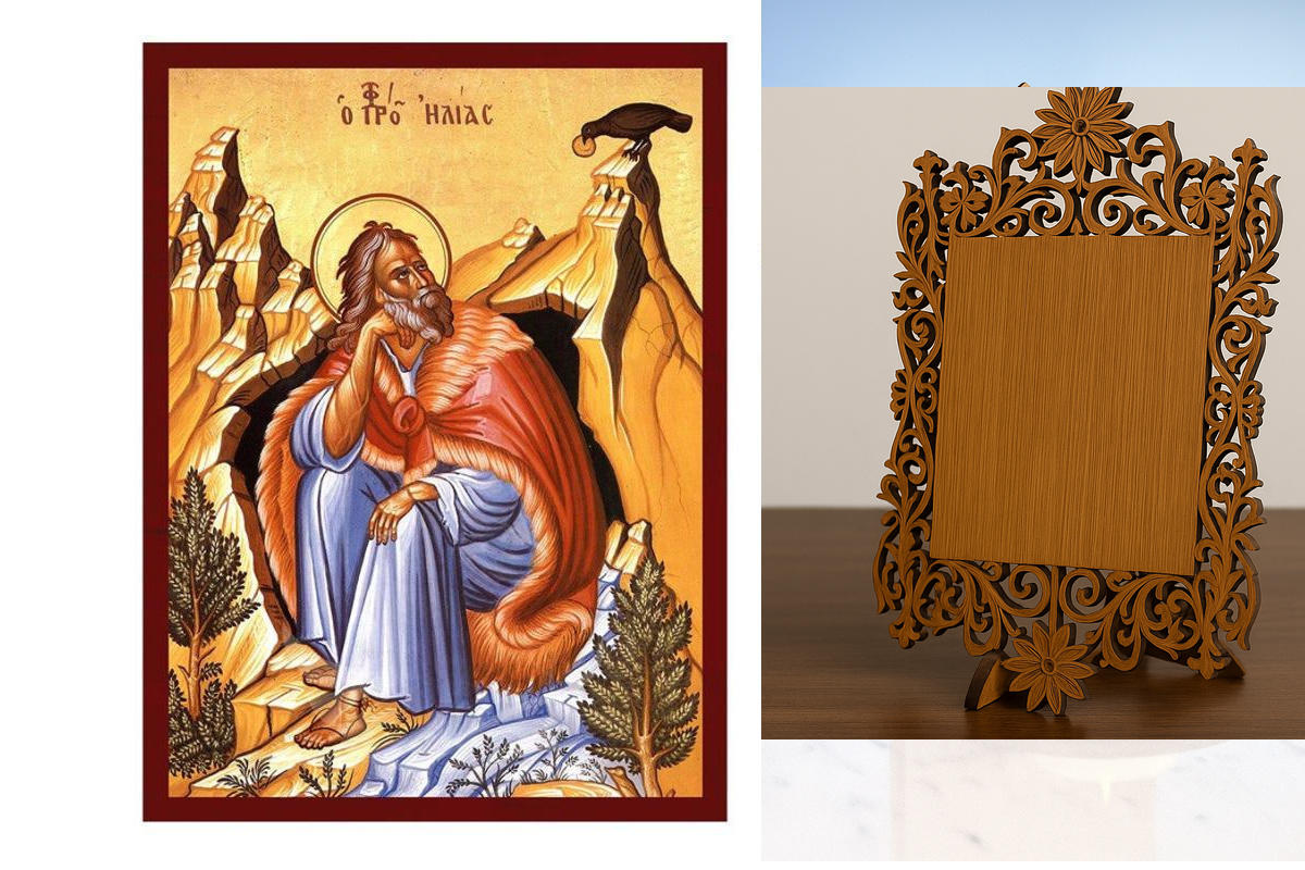 Εικόνα Ορθοδοξίας Δαντέλα μαζι με  Βάση σε  8 χρώματα με περίγραμμα χρυσό σε ξύλο Plywood (Πλακάζ)   με  βάση Εικόνα Προφήτη Ηλία, Χειροποίητη ελληνική εικόνα του Προφήτη Ηλία, επιτοίχια πλάκα βυζαντινής τέχνης, χριστιανικό δώρο Διάσταση 40x30 cm (15,8 x