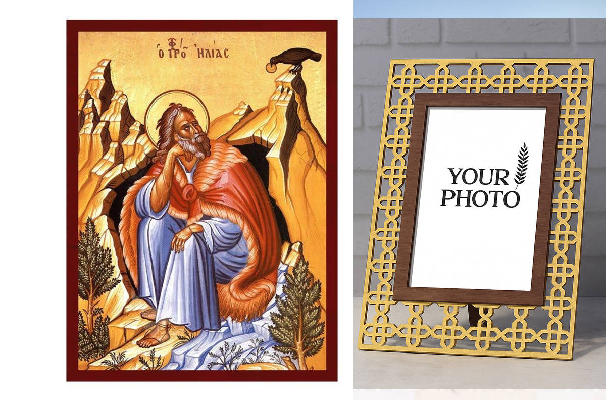 Σετ 2 τεμαχίων – Εικόνα Ορθοδοξίας Πολυτελείας  με  σχεδιο Σταυρούς μαζι με  Βάση σε  8 χρώματα με περίγραμμα χρυσό σε ξύλο Plywood (Πλακάζ)   με  βάση Εικόνα Προφήτη Ηλία, Χειροποίητη ελληνική εικόνα του Προφήτη Ηλία, επιτοίχια πλάκα βυζαντινής τέχνης, χ