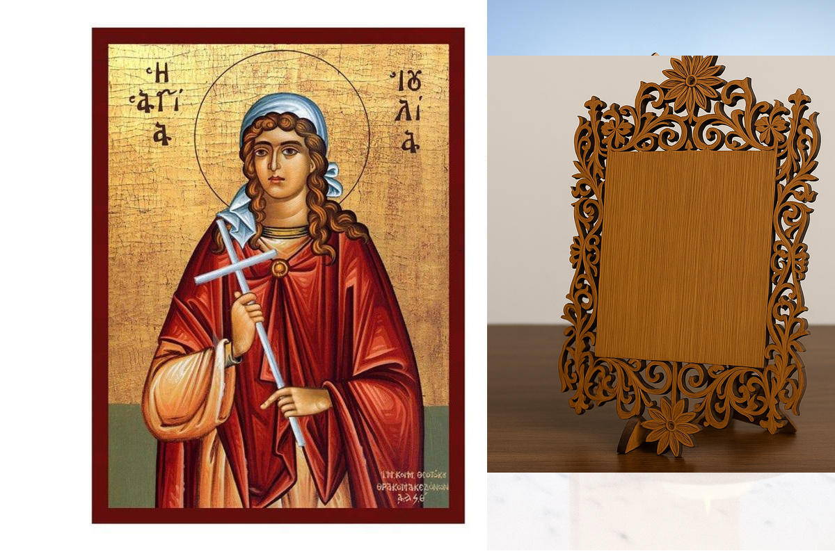 Εικόνα Ορθοδοξίας Δαντέλα μαζι με  Βάση σε  8 χρώματα με περίγραμμα χρυσό σε ξύλο Plywood (Πλακάζ)   με  βάση Εικόνα Αγίας Ιουλίας, Χειροποίητη Ελληνική εικόνα Αγίας Ιουλίας, επιτοίχια πλάκα βυζαντινής τέχνης, χριστιανικό δώρο Διάσταση 45x35 cm (17,7 x 13