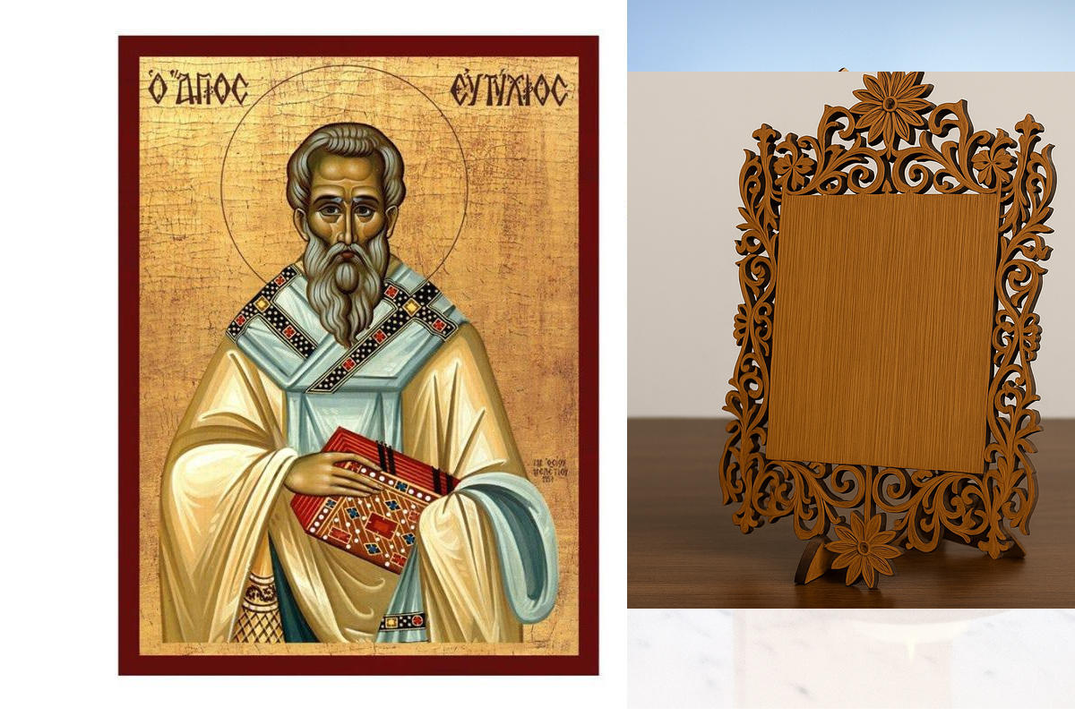 Εικόνα Ορθοδοξίας Δαντέλα μαζι με  Βάση σε  8 χρώματα με περίγραμμα χρυσό σε ξύλο Plywood (Πλακάζ)   με  βάση Εικόνα Αγίου Ευτυχίου Πατριάρχη Κωνσταντινουπόλεως, Χειροποίητη Ελληνική εικόνα Αγίου Ευτυχίου, επιτοίχια πλάκα βυζαντινής τέχνης, χριστιανικό δώ