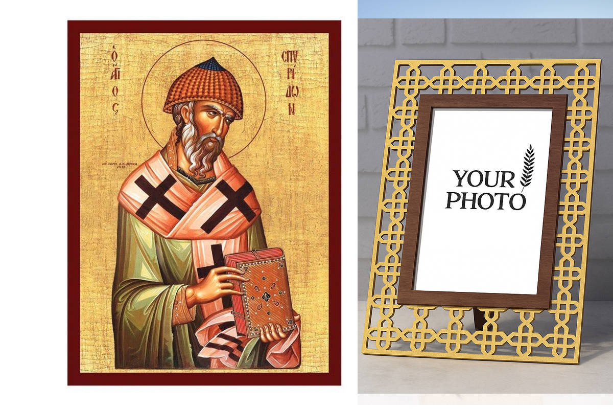 Εικόνα Ορθοδοξίας Πολυτελείας  με  σχεδιο Σταυρούς μαζι με  Βάση σε  8 χρώματα με περίγραμμα χρυσό σε ξύλο Plywood (Πλακάζ)   με  βάση Εικόνα Αγίου Σπυρίδωνα του Θαυματουργού, Χειροποίητη Ελληνική εικόνα του Αγίου Σπυρίδωνα, επιτοίχια πλάκα βυζαντινής τέχ