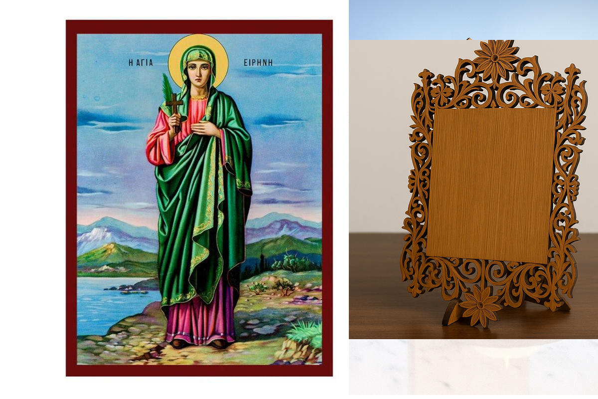 Εικόνα Ορθοδοξίας Δαντέλα μαζι με  Βάση σε  8 χρώματα με περίγραμμα χρυσό σε ξύλο Plywood (Πλακάζ)   με  βάση Εικόνα Αγίας Ειρήνης, Χειροποίητη Ελληνική εικόνα Αγίας Ειρήνης, επιτοίχια πλάκα βυζαντινής τέχνης, χριστιανικό δώρο Διάσταση 40x30 cm (15,8 x 11