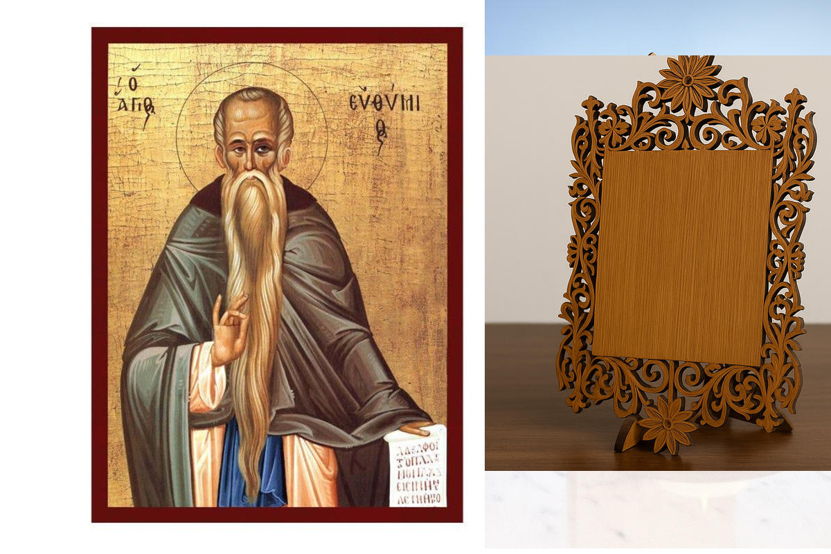 Εικόνα Ορθοδοξίας Δαντέλα μαζι με  Βάση σε  8 χρώματα με περίγραμμα χρυσό σε ξύλο Plywood (Πλακάζ)   με  βάση Εικόνα Αγίου Ευθυμίου, Χειροποίητη Ελληνική εικόνα Αγίου Ευθυμίου, επιτοίχια πλάκα βυζαντινής τέχνης, χριστιανικό δώρο Διάσταση 45x35 cm (17,7 x