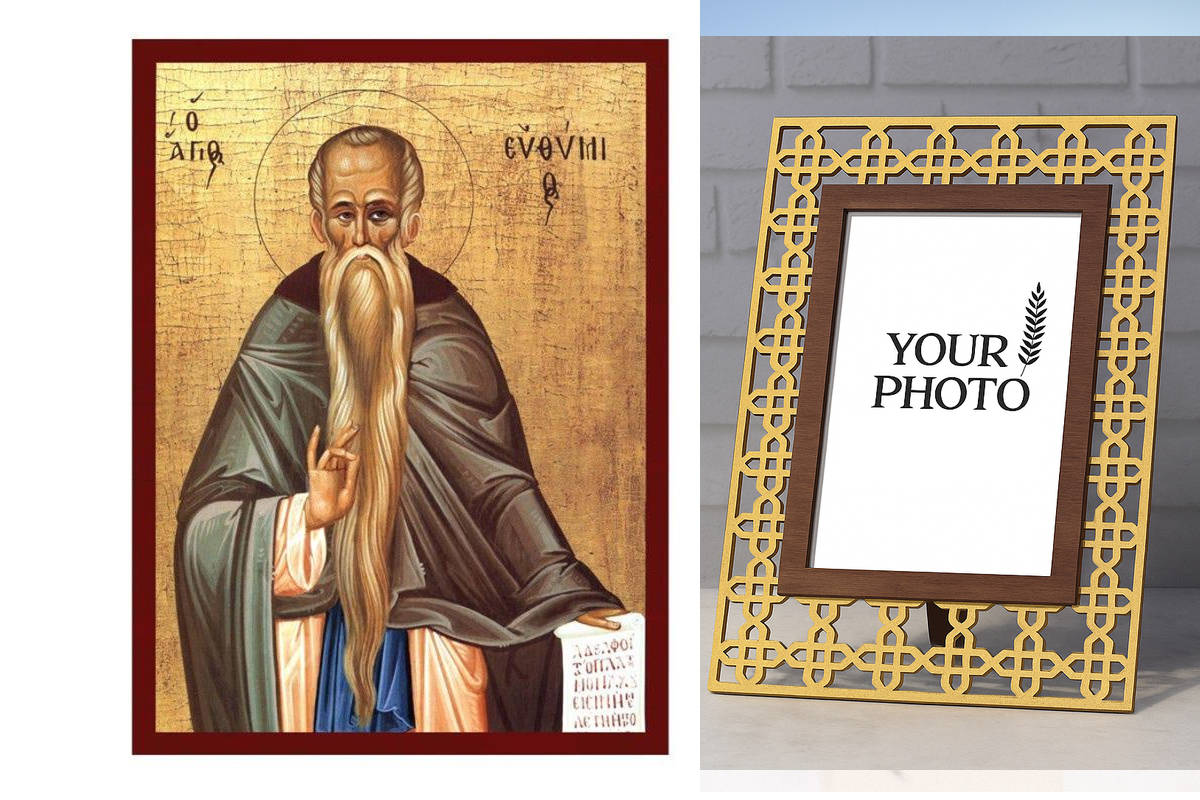 Εικόνα Ορθοδοξίας Πολυτελείας  με  σχεδιο Σταυρούς μαζι με  Βάση σε  8 χρώματα με περίγραμμα χρυσό σε ξύλο Plywood (Πλακάζ)   με  βάση Εικόνα Αγίου Ευθυμίου, Χειροποίητη Ελληνική εικόνα Αγίου Ευθυμίου, επιτοίχια πλάκα βυζαντινής τέχνης, χριστιανικό δώρο Δ