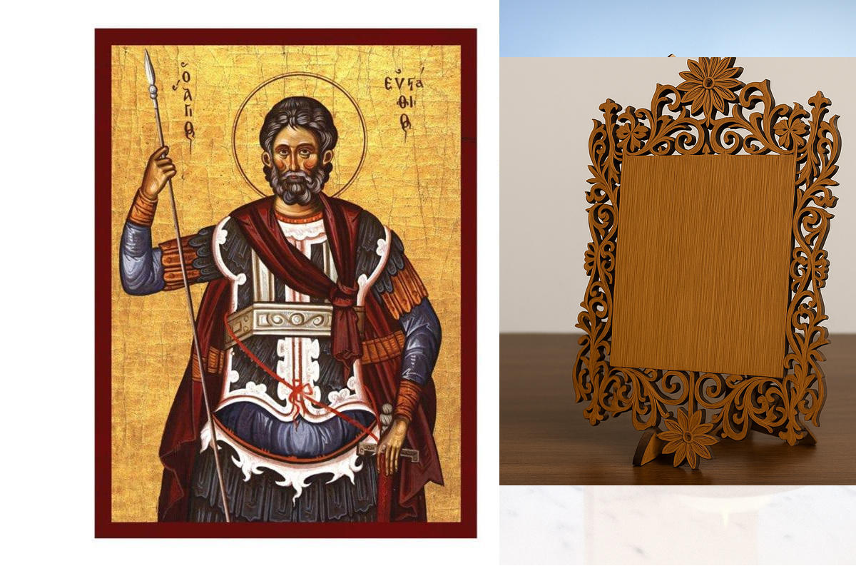 Εικόνα Ορθοδοξίας Δαντέλα μαζι με  Βάση σε  8 χρώματα με περίγραμμα χρυσό σε ξύλο Plywood (Πλακάζ)   με  βάση Εικόνα Αγίου Ευσταθίου, Χειροποίητη θρησκευτική εικόνα Αγίου Ευσταθίου, επιτοίχια πλάκα βυζαντινής τέχνης, χριστιανικό δώρο Διάσταση 45x35 cm (17