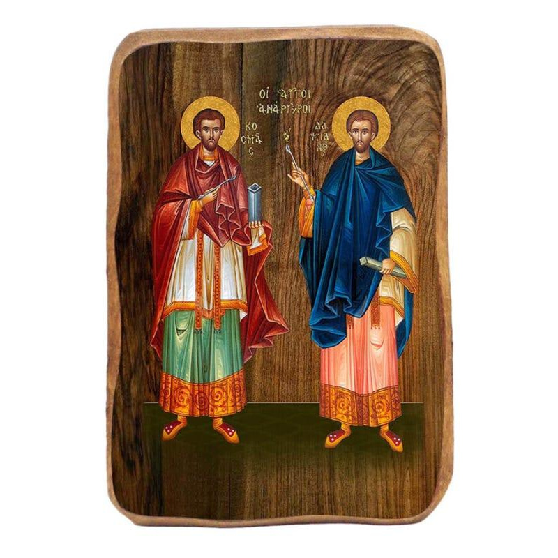 Εικόνα Ορθοδοξίας με περίγραμμα χρυσό σε ξύλο Φλαμουρίας  με  βάση The Holy Unmercenaries Μπομπονιέρα Βάπτισης Σετ 20 τεμαχίων, Εικόνα Βάπτισης, Bomboniera Χειροποίητη Βυζαντινή εικόνα 9x6cm, Χριστιανικό Δώρο Διάσταση 45x35 cm (17,7 x 13,8 ίντσες) INTRAEK