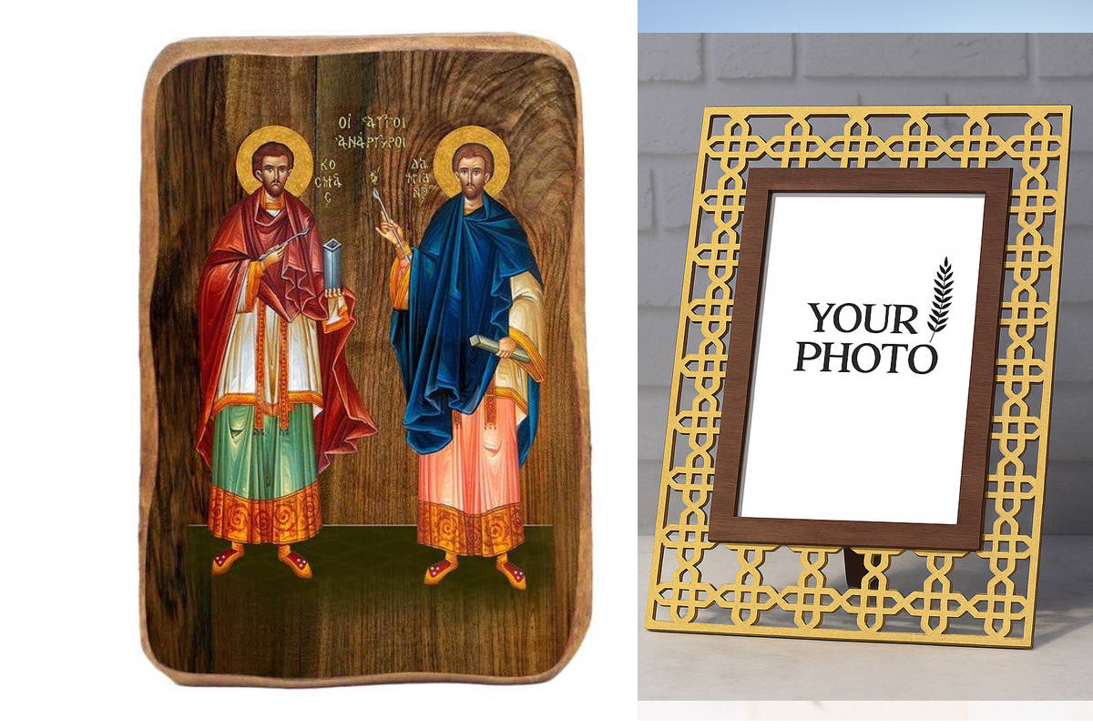 Εικόνα Ορθοδοξίας Πολυτελείας  με  σχεδιο Σταυρούς μαζι με  Βάση σε  8 χρώματα με περίγραμμα χρυσό σε ξύλο Plywood (Πλακάζ)   με  βάση The Holy Unmercenaries Μπομπονιέρα Βάπτισης Σετ 20 τεμαχίων, Εικόνα Βάπτισης, Bomboniera Χειροποίητη Βυζαντινή εικόνα 9x