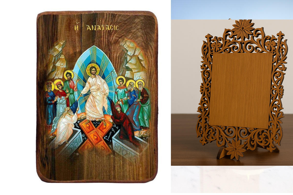 Σετ 2 τεμαχίων – Εικόνα Ορθοδοξίας Δαντέλα μαζι με  Βάση σε  8 χρώματα με περίγραμμα χρυσό σε ξύλο Plywood (Πλακάζ)   με  βάση Μπομπονιέρα Βάπτισης Ανάσταση του Χριστού Σετ 20 τεμαχίων, Εικόνα Βάπτισης, Χειροποίητη Βυζαντινή εικόνα Bomboniera 9x6cm, Χριστ