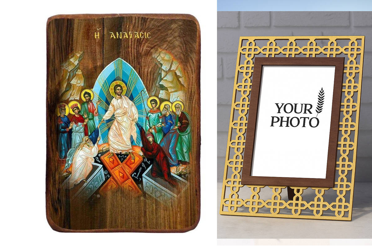 Σετ 2 τεμαχίων – Εικόνα Ορθοδοξίας Πολυτελείας  με  σχεδιο Σταυρούς μαζι με  Βάση σε  8 χρώματα με περίγραμμα χρυσό σε ξύλο Plywood (Πλακάζ)   με  βάση Μπομπονιέρα Βάπτισης Ανάσταση του Χριστού Σετ 20 τεμαχίων, Εικόνα Βάπτισης, Χειροποίητη Βυζαντινή εικόν