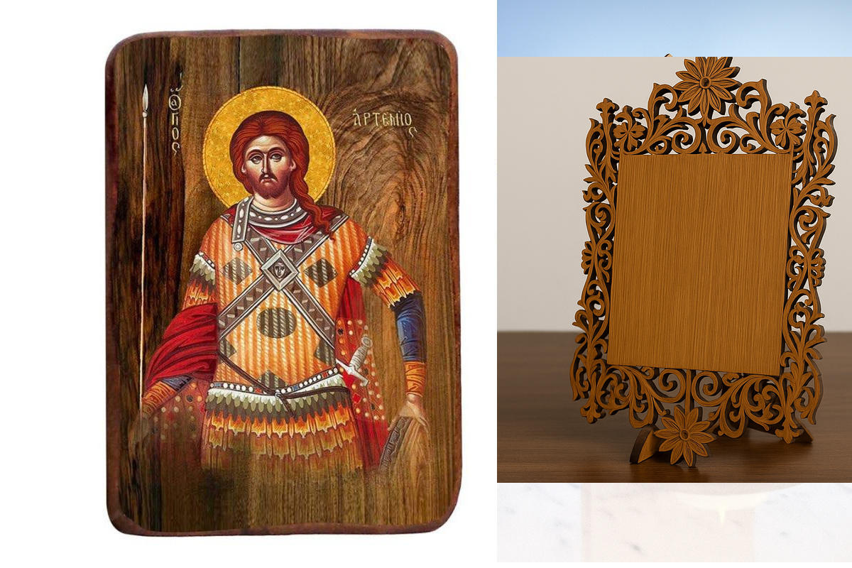 Σετ 2 τεμαχίων – Εικόνα Ορθοδοξίας Δαντέλα μαζι με  Βάση σε  8 χρώματα με περίγραμμα χρυσό σε ξύλο Plywood (Πλακάζ)   με  βάση Μπομπονιέρα Βάπτισης Άγιος Αρτέμιος Σετ 20 τεμαχίων, Εικόνα Βάπτισης, Μπομπονιέρα Χειροποίητη Βυζαντινή εικόνα 9x6cm, Χριστιανικ