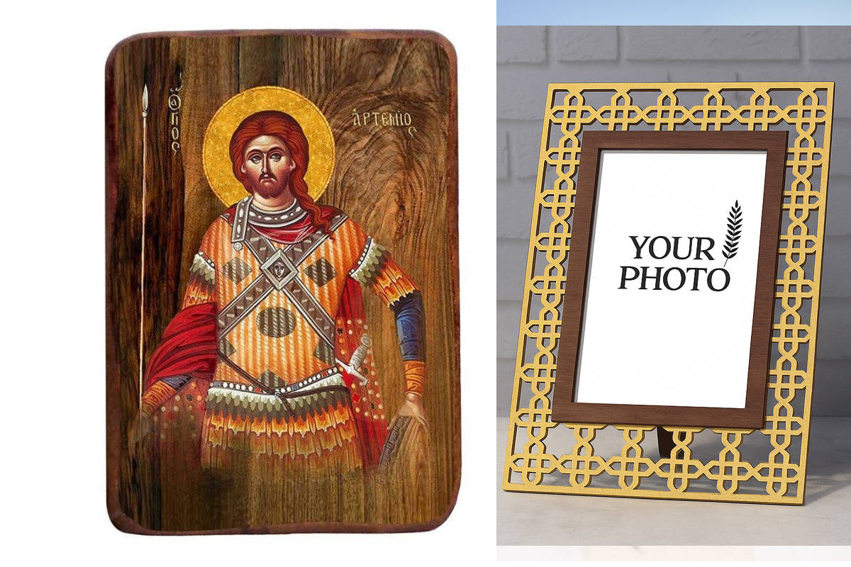 Σετ 2 τεμαχίων – Εικόνα Ορθοδοξίας Πολυτελείας  με  σχεδιο Σταυρούς μαζι με  Βάση σε  8 χρώματα με περίγραμμα χρυσό σε ξύλο Plywood (Πλακάζ)   με  βάση Μπομπονιέρα Βάπτισης Άγιος Αρτέμιος Σετ 20 τεμαχίων, Εικόνα Βάπτισης, Μπομπονιέρα Χειροποίητη Βυζαντινή