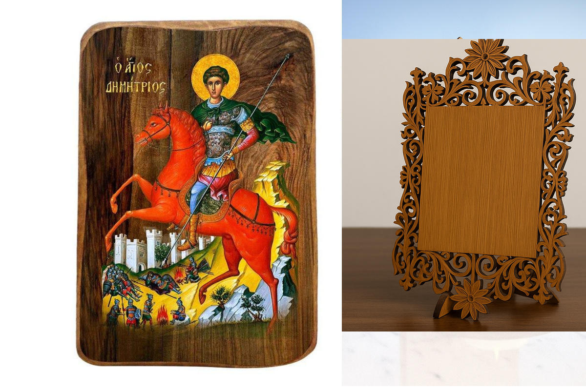 Σετ 2 τεμαχίων – Εικόνα Ορθοδοξίας Δαντέλα μαζι με  Βάση σε  8 χρώματα με περίγραμμα χρυσό σε ξύλο Plywood (Πλακάζ)   με  βάση Μπομπονιέρα βάπτισης Άγιος Δημήτριος Σετ 20 τεμαχίων, Εικόνα Βάπτισης, Χειροποίητη Βυζαντινή εικόνα Bomboniera 9x6cm, Χριστιανικ