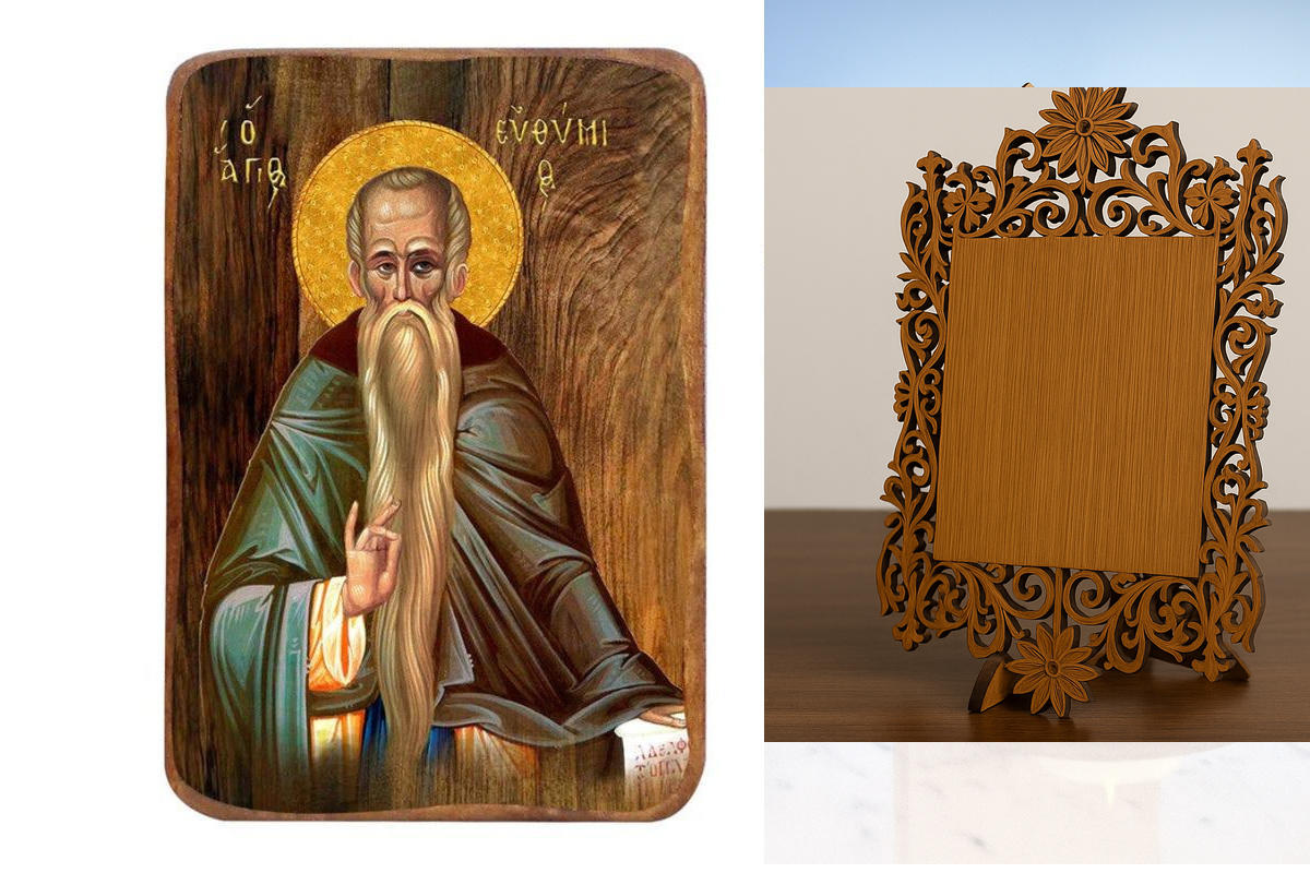 Σετ 2 τεμαχίων – Εικόνα Ορθοδοξίας Δαντέλα μαζι με  Βάση σε  8 χρώματα με περίγραμμα χρυσό σε ξύλο Plywood (Πλακάζ)   με  βάση Μπομπονιέρα Βάπτισης Άγιος Εφραίμ Σετ 20 τεμαχίων, Εικόνα Βάπτισης, Μπομπονιέρα Χειροποίητη Βυζαντινή εικόνα 9x6cm, Χριστιανικό