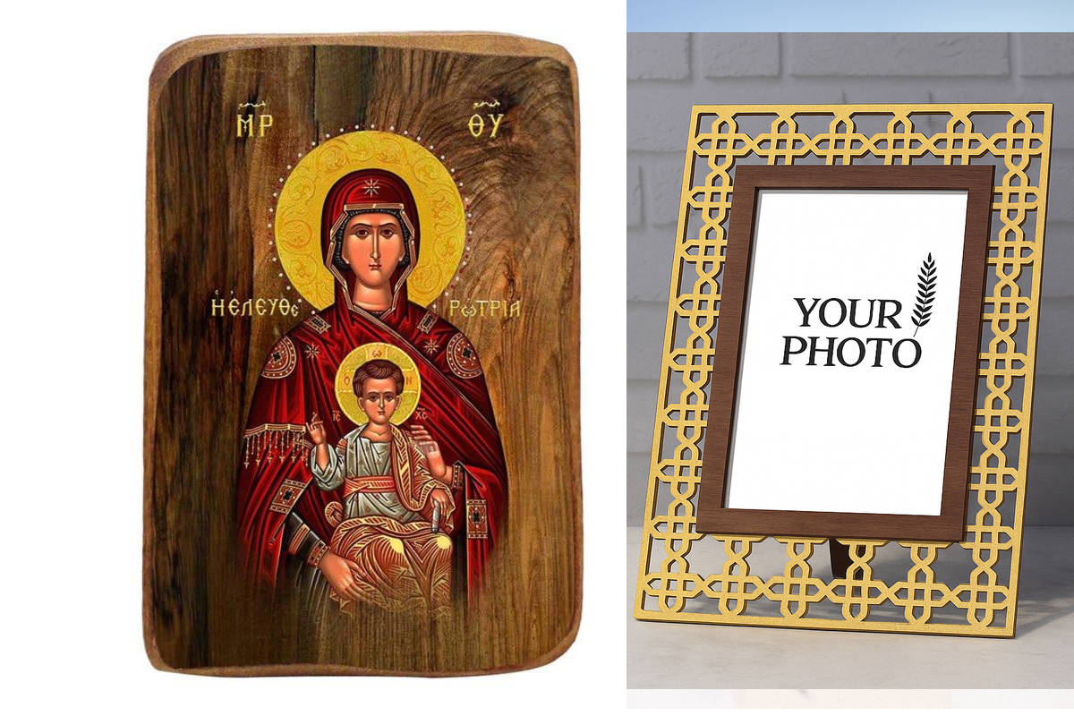 Σετ 2 τεμαχίων – Εικόνα Ορθοδοξίας Πολυτελείας  με  σχεδιο Σταυρούς μαζι με  Βάση σε  8 χρώματα με περίγραμμα χρυσό σε ξύλο Plywood (Πλακάζ)   με  βάση Παναγία η λυτρωτής Σετ βάπτισης 20 τεμαχίων, Εικόνα Βάπτισης, Μπομπονιέρα Χειροποίητη Βυζαντινή εικόνα