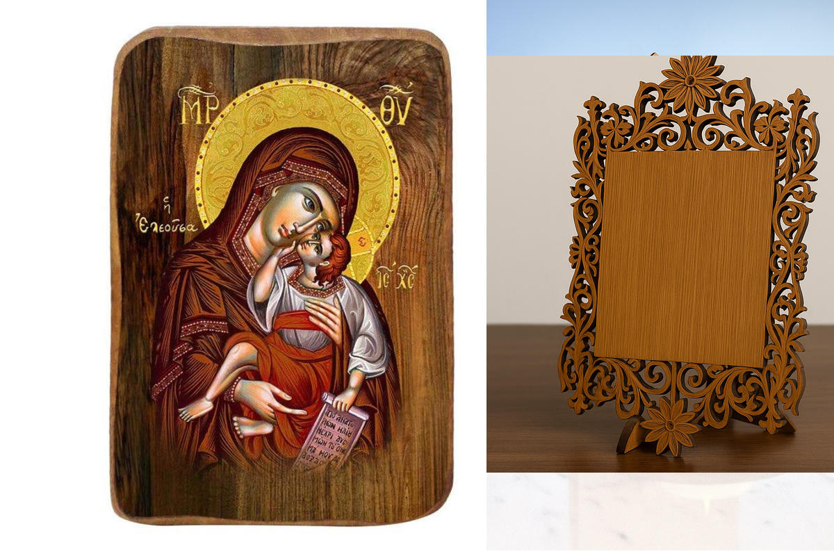 Σετ 2 τεμαχίων – Εικόνα Ορθοδοξίας Δαντέλα μαζι με  Βάση σε  8 χρώματα με περίγραμμα χρυσό σε ξύλο Plywood (Πλακάζ)   με  βάση Μπομπονιέρα Βάπτισης Παναγία Ελέους Σετ 20 τεμαχίων, Εικόνα Βάπτισης, Μπομπονιέρα Χειροποίητη Βυζαντινή εικόνα 9x6cm, Χριστιανικ
