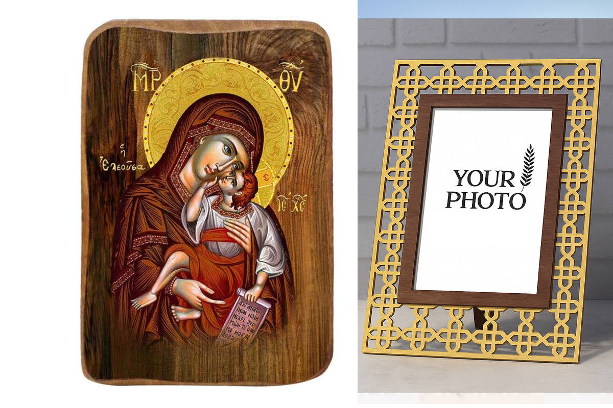 Σετ 2 τεμαχίων – Εικόνα Ορθοδοξίας Πολυτελείας  με  σχεδιο Σταυρούς μαζι με  Βάση σε  8 χρώματα με περίγραμμα χρυσό σε ξύλο Plywood (Πλακάζ)   με  βάση Μπομπονιέρα Βάπτισης Παναγία Ελέους Σετ 20 τεμαχίων, Εικόνα Βάπτισης, Μπομπονιέρα Χειροποίητη Βυζαντινή