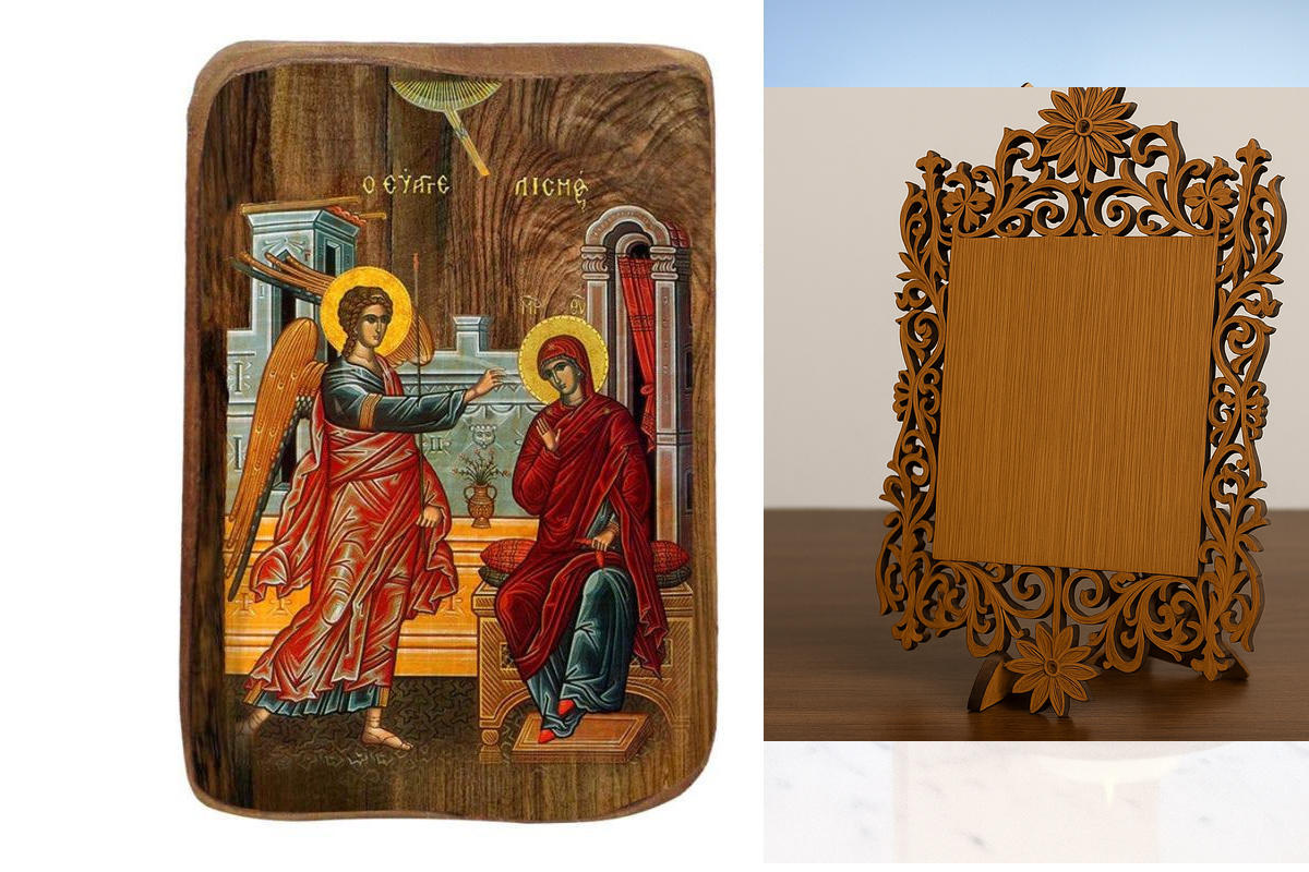 Σετ 2 τεμαχίων – Εικόνα Ορθοδοξίας Δαντέλα μαζι με  Βάση σε  8 χρώματα με περίγραμμα χρυσό σε ξύλο Plywood (Πλακάζ)   με  βάση Μπομπονιέρα Βάπτισης Ευαγγελισμός της Θεοτόκου Σετ 20 τεμαχίων, Εικόνα Βάπτισης, Μπομπονιέρα Χειροποίητη Βυζαντινή εικόνα 9x6cm,