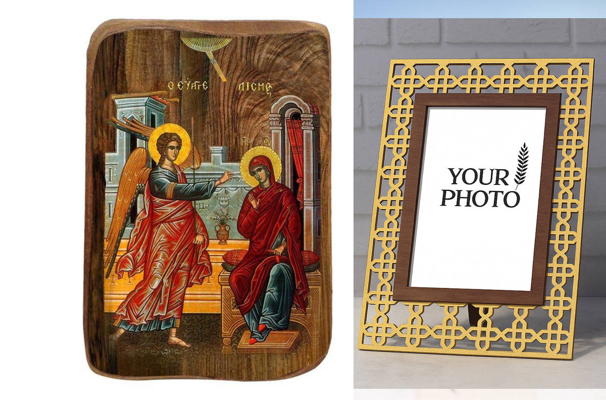 Σετ 2 τεμαχίων – Εικόνα Ορθοδοξίας Πολυτελείας  με  σχεδιο Σταυρούς μαζι με  Βάση σε  8 χρώματα με περίγραμμα χρυσό σε ξύλο Plywood (Πλακάζ)   με  βάση Μπομπονιέρα Βάπτισης Ευαγγελισμός της Θεοτόκου Σετ 20 τεμαχίων, Εικόνα Βάπτισης, Μπομπονιέρα Χειροποίητ