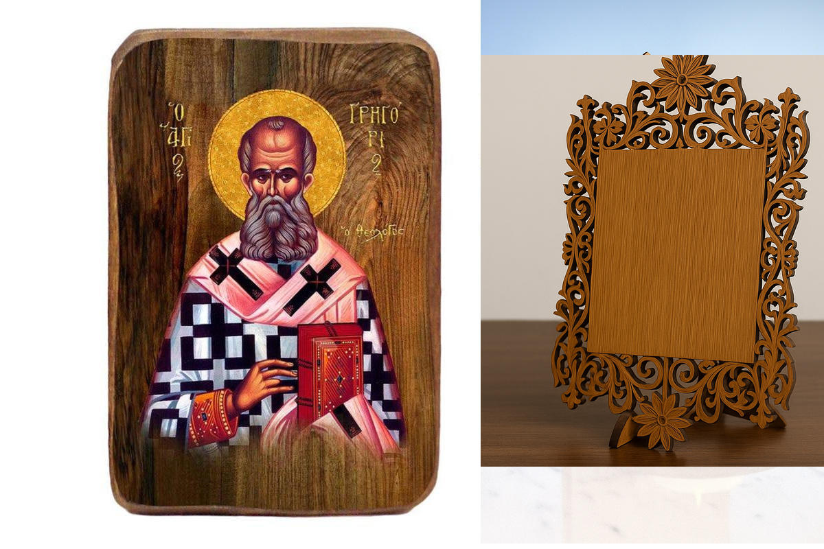 Σετ 2 τεμαχίων – Εικόνα Ορθοδοξίας Δαντέλα μαζι με  Βάση σε  8 χρώματα με περίγραμμα χρυσό σε ξύλο Plywood (Πλακάζ)   με  βάση Μπομπονιέρα Βάπτισης Άγιος Γρηγόριος ο Θεολόγος Σετ 20 τεμαχίων, Εικόνα Βάπτισης, Μπομπονιέρα Χειροποίητη Βυζαντινή εικόνα 9x6cm