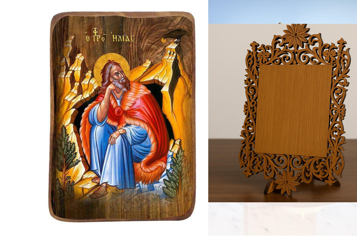 Σετ 2 τεμαχίων – Εικόνα Ορθοδοξίας Δαντέλα μαζι με  Βάση σε  8 χρώματα με περίγραμμα χρυσό σε ξύλο Plywood (Πλακάζ)   με  βάση Μπομπονιέρα Βάπτισης Προφήτης Ηλίας Σετ 20 τεμαχίων, Εικόνα Βάπτισης, Χειροποίητη Βυζαντινή εικόνα Bomboniera 9x6cm, Χριστιανικό