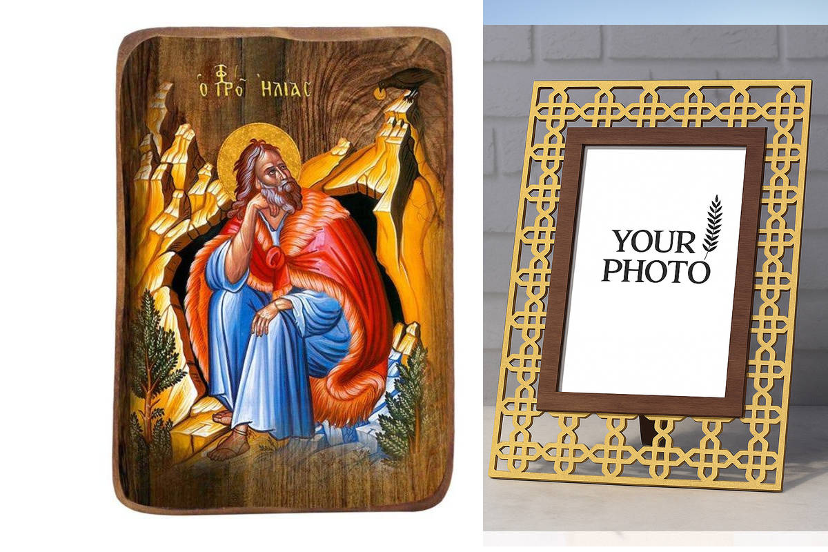 Σετ 2 τεμαχίων – Εικόνα Ορθοδοξίας Πολυτελείας  με  σχεδιο Σταυρούς μαζι με  Βάση σε  8 χρώματα με περίγραμμα χρυσό σε ξύλο Plywood (Πλακάζ)   με  βάση Μπομπονιέρα Βάπτισης Προφήτης Ηλίας Σετ 20 τεμαχίων, Εικόνα Βάπτισης, Χειροποίητη Βυζαντινή εικόνα Bomb