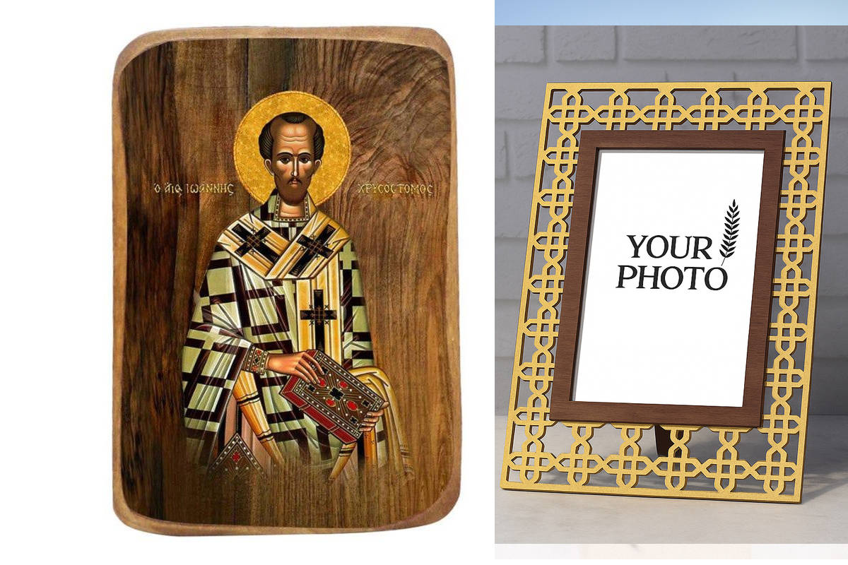 Σετ 2 τεμαχίων – Εικόνα Ορθοδοξίας Πολυτελείας  με  σχεδιο Σταυρούς μαζι με  Βάση σε  8 χρώματα με περίγραμμα χρυσό σε ξύλο Plywood (Πλακάζ)   με  βάση Μπομπονιέρα Βάπτισης Άγιος Ιωάννης ο Χρυσόστομος Σετ 20 τεμαχίων, Εικόνα Βάπτισης, Μπομπονιέρα Χειροποί