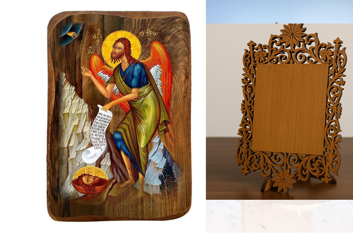 Σετ 2 τεμαχίων – Εικόνα Ορθοδοξίας Δαντέλα μαζι με  Βάση σε  8 χρώματα με περίγραμμα χρυσό σε ξύλο Plywood (Πλακάζ)   με  βάση Μπομπονιέρα βάπτισης Ιωάννης ο Βαπτιστής Σετ 20 τεμαχίων, Εικόνα Βάπτισης, Χειροποίητη Βυζαντινή εικόνα Bomboniera 9x6cm, Χριστι