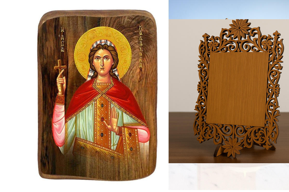 Σετ 2 τεμαχίων – Εικόνα Ορθοδοξίας Δαντέλα μαζι με  Βάση σε  8 χρώματα με περίγραμμα χρυσό σε ξύλο Plywood (Πλακάζ)   με  βάση Μπομπονιέρα Βάπτισης Αγία Καλλιόπη Σετ 20 τεμαχίων, Εικόνα Βάπτισης, Χειροποίητη Βυζαντινή εικόνα Bomboniera 9x6cm, Χριστιανικό