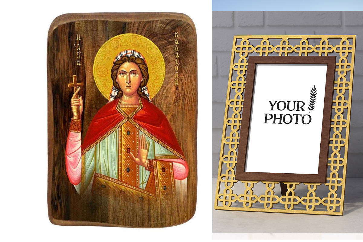 Εικόνα Ορθοδοξίας Πολυτελείας  με  σχεδιο Σταυρούς μαζι με  Βάση σε  8 χρώματα με περίγραμμα χρυσό σε ξύλο Plywood (Πλακάζ)   με  βάση Μπομπονιέρα Βάπτισης Αγία Καλλιόπη Σετ 20 τεμαχίων, Εικόνα Βάπτισης, Χειροποίητη Βυζαντινή εικόνα Bomboniera 9x6cm, Χρισ