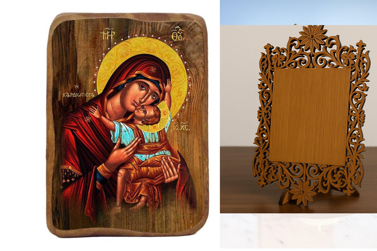 Σετ 2 τεμαχίων – Εικόνα Ορθοδοξίας Δαντέλα μαζι με  Βάση σε  8 χρώματα με περίγραμμα χρυσό σε ξύλο Plywood (Πλακάζ)   με  βάση Η Παναγία η Τρυφερή Καρδιά Σετ Βάπτισης 20 τεμαχίων, Εικόνα Βάπτισης, Χειροποίητη Βυζαντινή εικόνα Bomboniera 9x6cm, Χριστιανικό