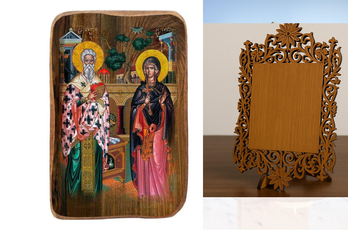 Σετ 2 τεμαχίων – Εικόνα Ορθοδοξίας Δαντέλα μαζι με  Βάση σε  8 χρώματα με περίγραμμα χρυσό σε ξύλο Plywood (Πλακάζ)   με  βάση Μπομπονιέρα Βάπτισης Άγιος Κύπριος και Αγία Ιουστίνα Σετ 20 τεμαχίων, Εικόνα Βάπτισης, Χειροποίητη Βυζαντινή εικόνα Bomboniera 9