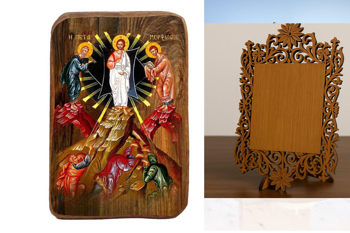 Σετ 2 τεμαχίων – Εικόνα Ορθοδοξίας Δαντέλα μαζι με  Βάση σε  8 χρώματα με περίγραμμα χρυσό σε ξύλο Plywood (Πλακάζ)   με  βάση Σετ Μπομπονιέρα Βάπτισης Μεταμόρφωση του Κυρίου 20 τεμαχίων, Εικόνα Βάπτισης, Χειροποίητη Βυζαντινή εικόνα Bomboniera 9x6cm, Χρι