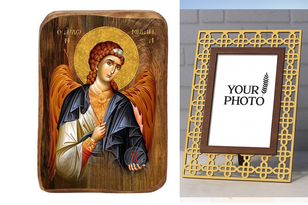 Εικόνα Ορθοδοξίας Πολυτελείας  με  σχεδιο Σταυρούς μαζι με  Βάση σε  8 χρώματα με περίγραμμα χρυσό σε ξύλο Plywood (Πλακάζ)   με  βάση Μπομπονιέρα Βάπτισης Αρχάγγελος Μιχαήλ Σετ 20 τεμαχίων, Εικόνα Βάπτισης, Χειροποίητη Βυζαντινή εικόνα Bomboniera 9x6cm,