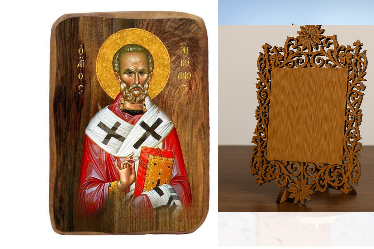 Σετ 2 τεμαχίων – Εικόνα Ορθοδοξίας Δαντέλα μαζι με  Βάση σε  8 χρώματα με περίγραμμα χρυσό σε ξύλο Plywood (Πλακάζ)   με  βάση Μπομπονιέρα Βάπτισης Αγίου Νικολάου Σετ 20 τεμαχίων, Εικόνα Βάπτισης, Χειροποίητη Βυζαντινή εικόνα Bomboniera 9x6cm, Χριστιανικό