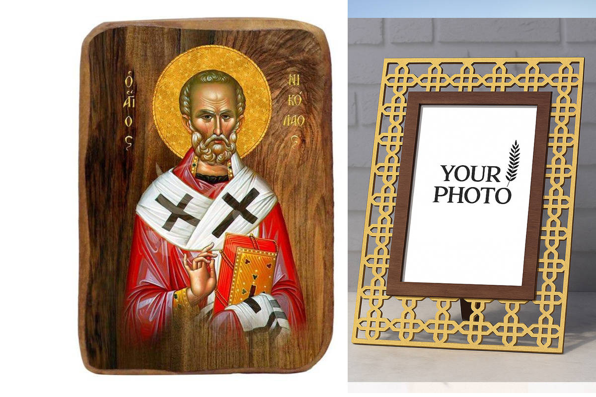 Σετ 2 τεμαχίων – Εικόνα Ορθοδοξίας Πολυτελείας  με  σχεδιο Σταυρούς μαζι με  Βάση σε  8 χρώματα με περίγραμμα χρυσό σε ξύλο Plywood (Πλακάζ)   με  βάση Μπομπονιέρα Βάπτισης Αγίου Νικολάου Σετ 20 τεμαχίων, Εικόνα Βάπτισης, Χειροποίητη Βυζαντινή εικόνα Bomb