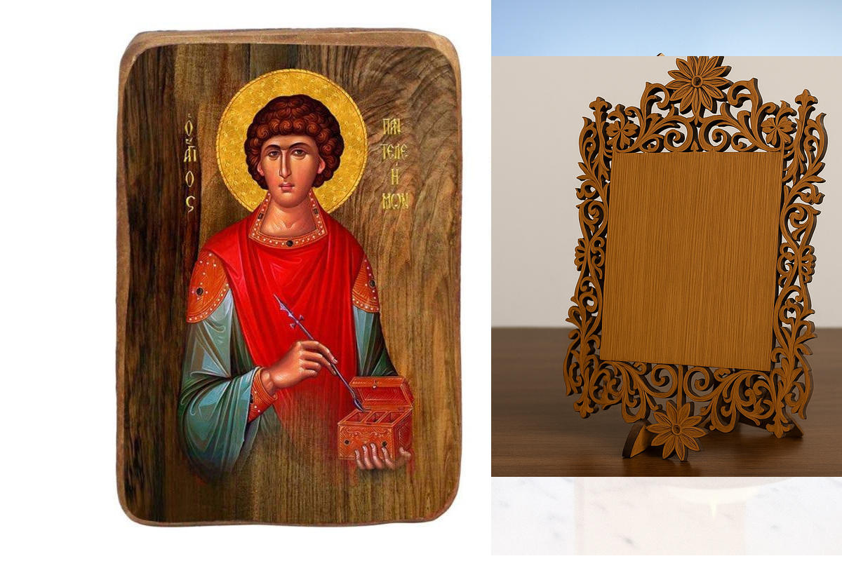 Εικόνα Ορθοδοξίας Δαντέλα μαζι με  Βάση σε  8 χρώματα με περίγραμμα χρυσό σε ξύλο Plywood (Πλακάζ)   με  βάση Μπομπονιέρα Βάπτισης Άγιος Παντελεήμονας Σετ 20 τεμαχίων, Εικόνα Βάπτισης, Μπομπονιέρα Χειροποίητη Βυζαντινή εικόνα 9x6cm, Χριστιανικό Δώρο Διάστ