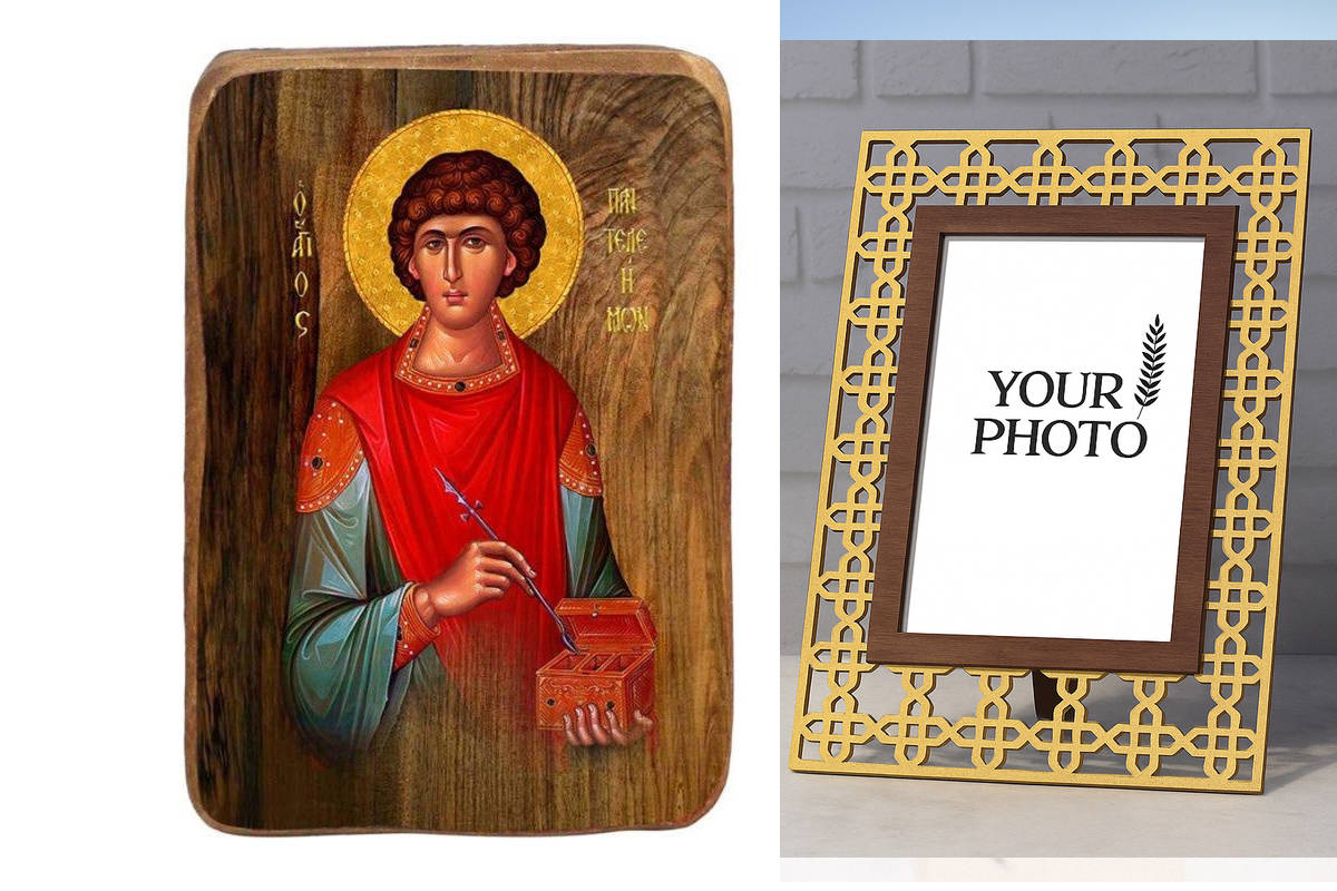 Σετ 2 τεμαχίων – Εικόνα Ορθοδοξίας Πολυτελείας  με  σχεδιο Σταυρούς μαζι με  Βάση σε  8 χρώματα με περίγραμμα χρυσό σε ξύλο Plywood (Πλακάζ)   με  βάση Μπομπονιέρα Βάπτισης Άγιος Παντελεήμονας Σετ 20 τεμαχίων, Εικόνα Βάπτισης, Μπομπονιέρα Χειροποίητη Βυζα