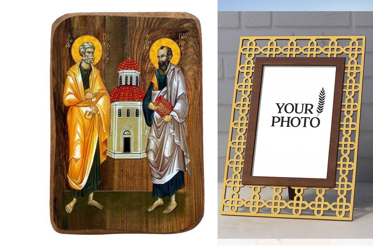 Σετ 2 τεμαχίων – Εικόνα Ορθοδοξίας Πολυτελείας  με  σχεδιο Σταυρούς μαζι με  Βάση σε  8 χρώματα με περίγραμμα χρυσό σε ξύλο Plywood (Πλακάζ)   με  βάση Μπομπονιέρα Βάπτισης Αγίων Πέτρου και Παύλου Σετ 20 τεμαχίων, Εικόνα Βάπτισης, Χειροποίητη Βυζαντινή ει