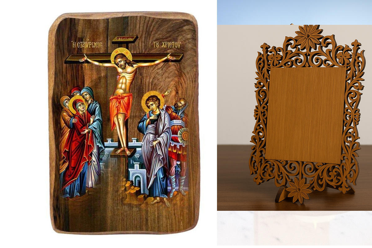 Σετ 2 τεμαχίων – Εικόνα Ορθοδοξίας Δαντέλα μαζι με  Βάση σε  8 χρώματα με περίγραμμα χρυσό σε ξύλο Plywood (Πλακάζ)   με  βάση Μπομπονιέρα Βάπτισης Η Σταύρωση του Χριστού Σετ 20 τεμαχίων, Εικόνα Βάπτισης, Χειροποίητη Βυζαντινή εικόνα Bomboniera 9x6cm, Χρι