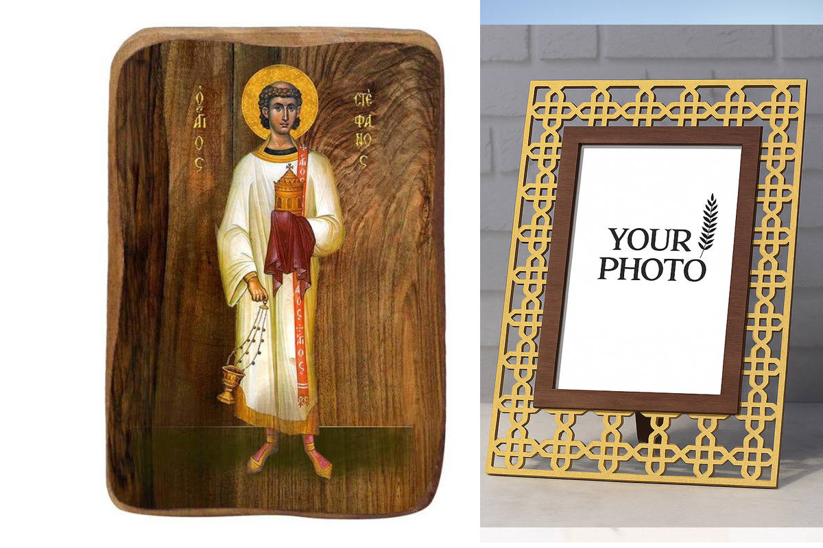 Σετ 2 τεμαχίων – Εικόνα Ορθοδοξίας Πολυτελείας  με  σχεδιο Σταυρούς μαζι με  Βάση σε  8 χρώματα με περίγραμμα χρυσό σε ξύλο Plywood (Πλακάζ)   με  βάση Μπομπονιέρα Βάπτισης Αγίου Στεφάνου Σετ 20 τεμαχίων, Εικόνα Βάπτισης, Μπομπονιέρα Χειροποίητη Βυζαντινή