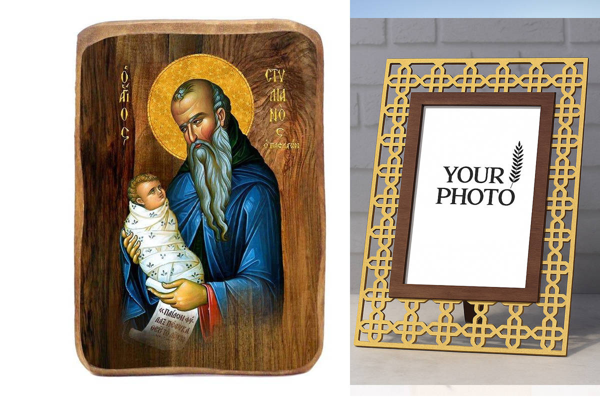 Σετ 2 τεμαχίων – Εικόνα Ορθοδοξίας Πολυτελείας  με  σχεδιο Σταυρούς μαζι με  Βάση σε  8 χρώματα με περίγραμμα χρυσό σε ξύλο Plywood (Πλακάζ)   με  βάση Μπομπονιέρα Βάπτισης Άγιος Στυλιανός Σετ 20 τεμαχίων, Εικόνα Βάπτισης, Μπομπονιέρα Χειροποίητη Βυζαντιν