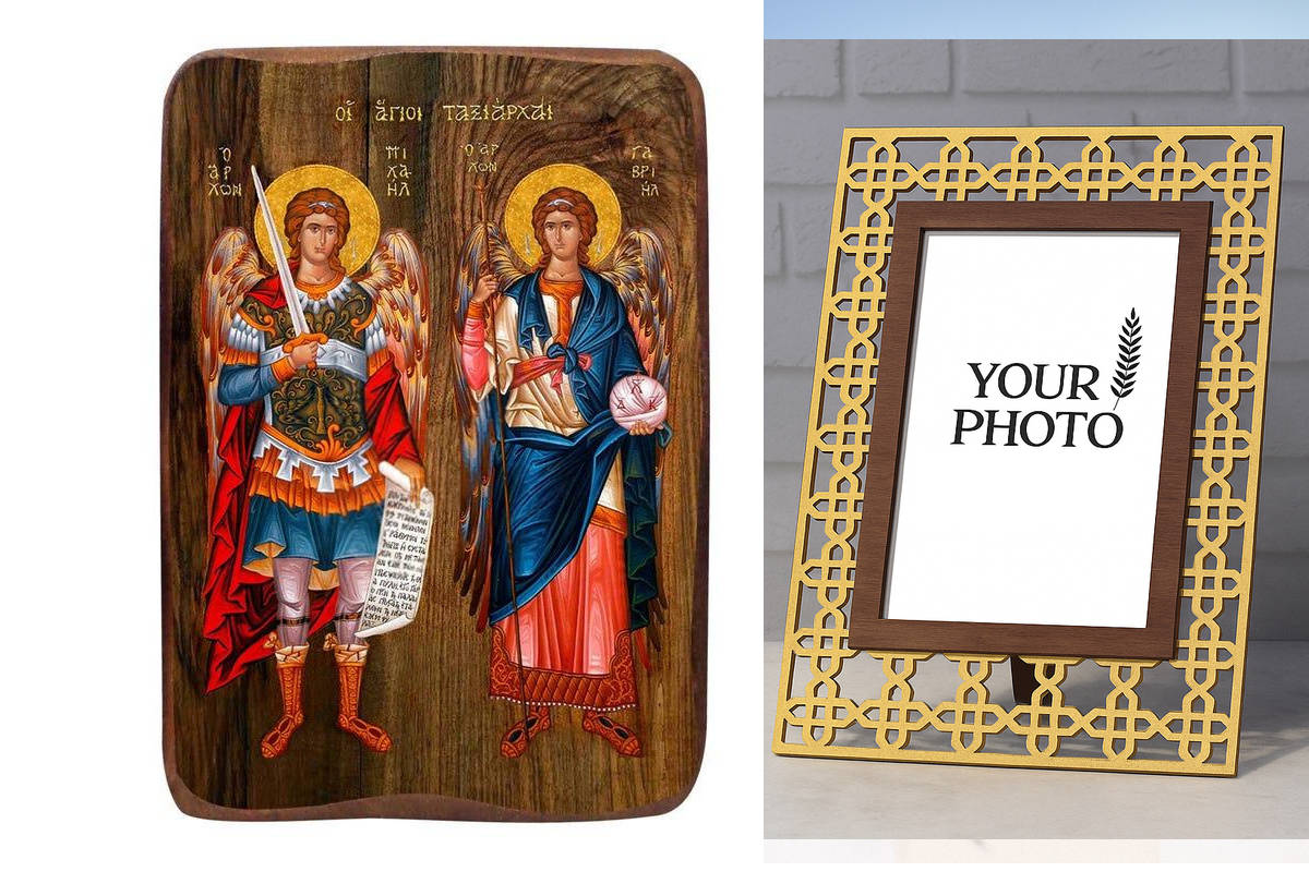 Σετ 2 τεμαχίων – Εικόνα Ορθοδοξίας Πολυτελείας  με  σχεδιο Σταυρούς μαζι με  Βάση σε  8 χρώματα με περίγραμμα χρυσό σε ξύλο Plywood (Πλακάζ)   με  βάση Μπομπονιέρα Βάπτισης Αρχαγγέλων Μιχαήλ και Γαβριήλ Σετ 20 τεμαχίων, Εικόνα Βάπτισης, Μπομπονιέρα Χειροπ