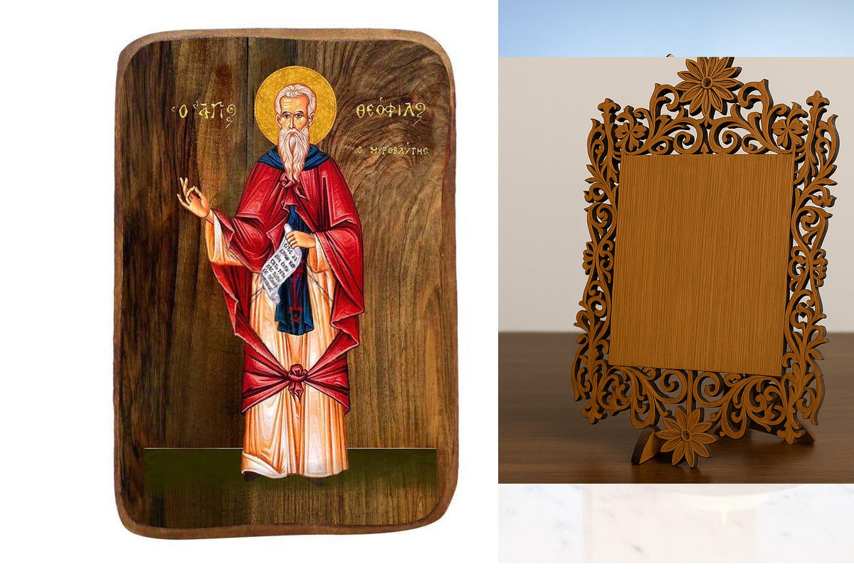 Εικόνα Ορθοδοξίας Δαντέλα μαζι με  Βάση σε  8 χρώματα με περίγραμμα χρυσό σε ξύλο Plywood (Πλακάζ)   με  βάση Μπομπονιέρα Βάπτισης Άγιος Θεόφιλος Σετ 20 τεμαχίων, Εικόνα Βάπτισης, Μπομπονιέρα Χειροποίητη Βυζαντινή εικόνα 9x6cm, Χριστιανικό Δώρο Διάσταση 2