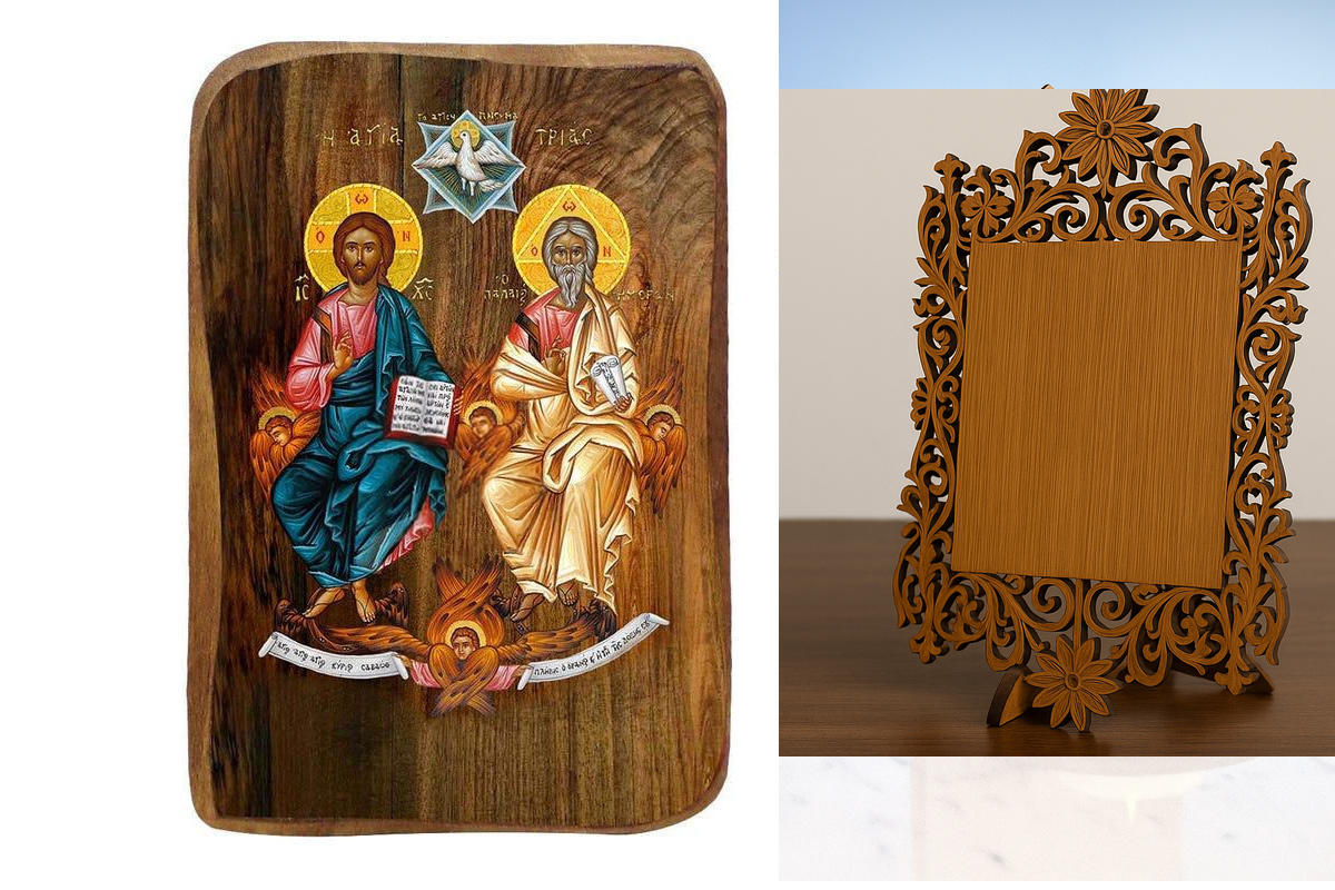 Εικόνα Ορθοδοξίας Δαντέλα μαζι με  Βάση σε  8 χρώματα με περίγραμμα χρυσό σε ξύλο Plywood (Πλακάζ)   με  βάση Σετ Μπομπονιέρα Βάπτισης Αγίας Τριάδας 20 τεμαχίων, Εικόνα Βάπτισης, Χειροποίητη Βυζαντινή εικόνα Bomboniera 9x6cm, Χριστιανικό Δώρο Διάσταση 50x